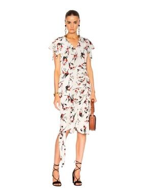 Marni 100% silk Ivory Midi Dress with Red and Black Floral Print